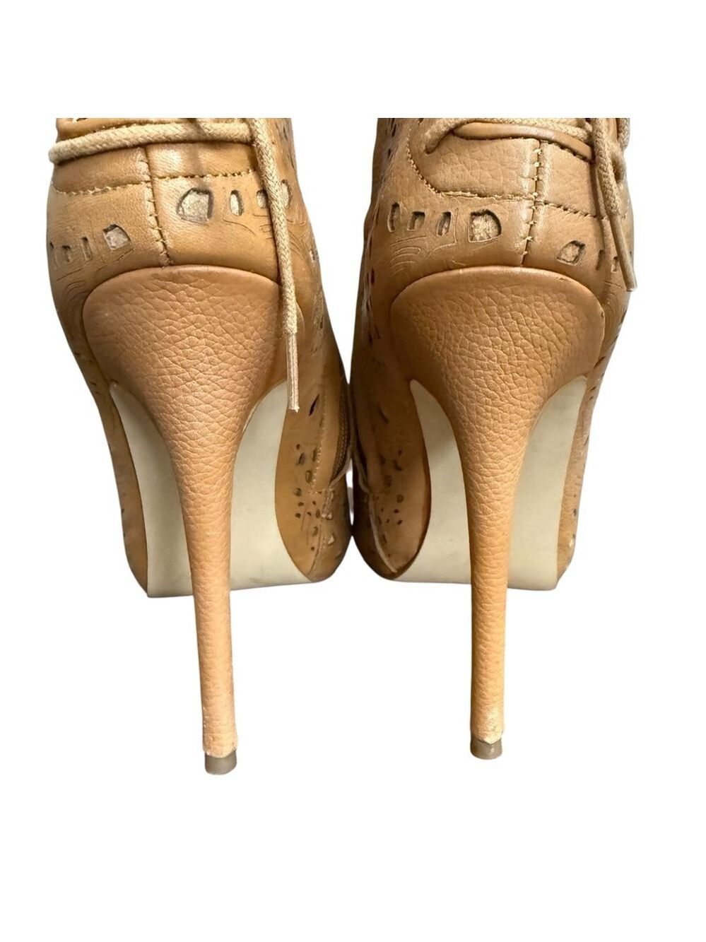 Steve Madden Women’s 8M Korsett Tan Leather Peep Toe Laser Cut Booties 5” Stilet - Picture 6 of 11